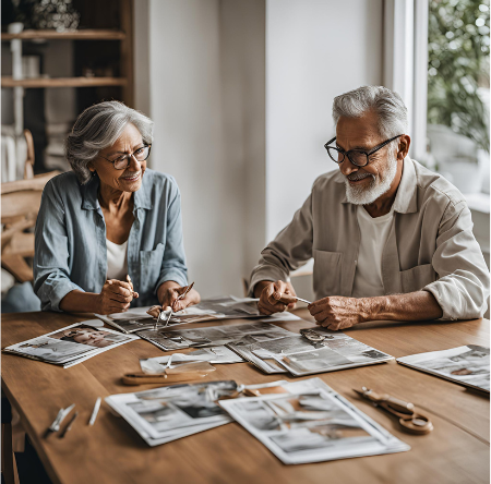 A smiling senior couple sitting at a wooden table, working on a creative project with scissors, magazines, and craft supplies spread out.