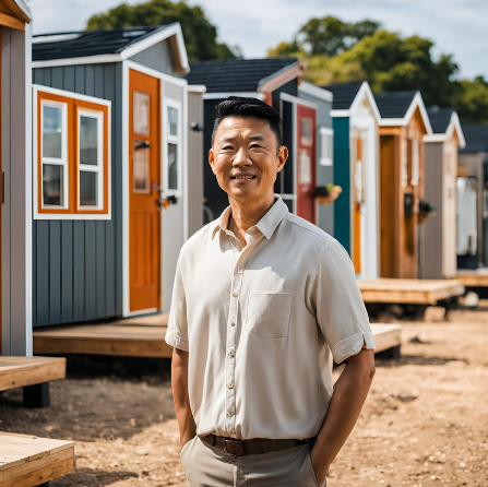 Man smiling while standing in front of a row of colorful tiny homes for homelessness at an outdoor community site.
