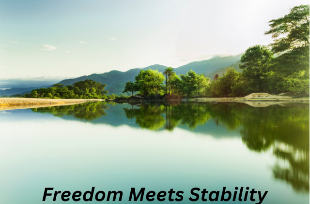 A serene lake surrounded by lush greenery and distant mountains, with the text "Freedom Meets Stability" overlaying the image. Captures the balance and tranquility of digital nomad retirement planning.