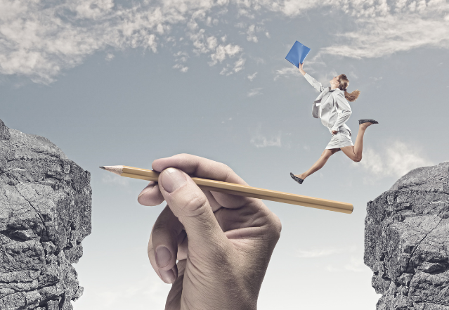 Creative illustration of a hand using a pencil to draw a bridge while a woman leaps across a gap, representing overcoming financial gaps in retirement planning.