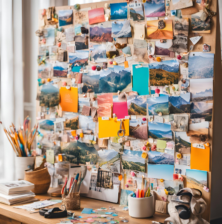 A colorful and inspiring vision board filled with photos, sticky notes, and art supplies in a well-lit workspace.