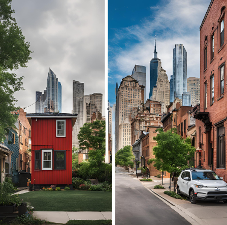 Split view of urban living: a vibrant red tiny house against skyscrapers and a traditional neighborhood street with modern city buildings in the background.