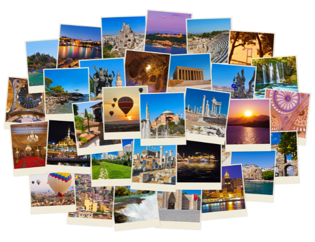 A colorful collage of travel photos showcasing scenic destinations and iconic landmarks, inspiring retirees to explore and create fulfilling travel plans.