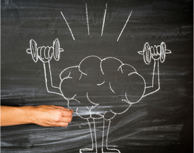 A chalk drawing of a brain lifting weights on a blackboard, representing brain exercises and activities.