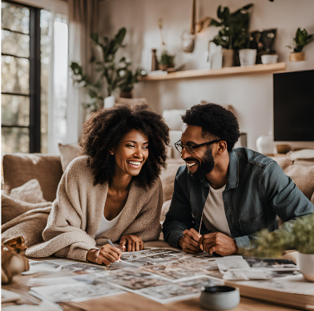 A cheerful middle-aged couple relaxing on a sofa, engaged in a creative activity with printed photos and craft tools.