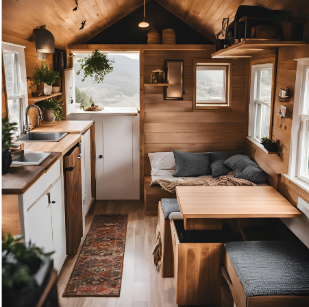 Warm and inviting interior of a tiny home designed to address homelessness, featuring a small kitchen, dining area, and natural wood finishes showcasing efficient space design.