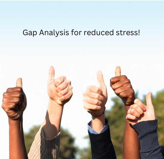 Multiple hands giving a thumbs-up with the caption 'Gap Analysis for reduced stress!' highlighting the benefits of retirement planning.