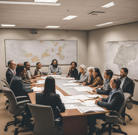 Diverse group of professionals collaborating around a large conference table in a well-lit office space with world maps on the walls.