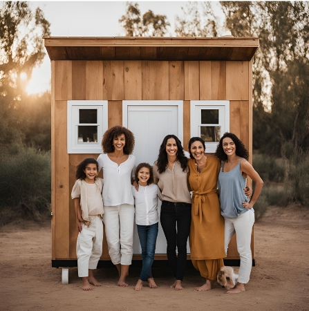 Smiling multigenerational family standing barefoot in front of a charming wooden tiny home for homelessness during sunset, symbolizing hope and stability.