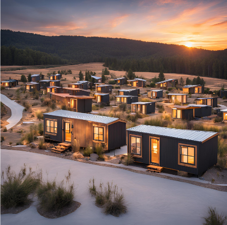 Scenic view of a tiny home village for homelessness with warm lights glowing inside the homes, set against a peaceful sunset in a natural landscape.