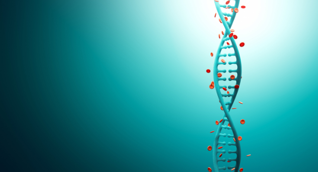 A glowing blue DNA double helix surrounded by floating red particles, symbolizing the genetic factors in aging and debunking myths about aging as being solely determined by DNA.