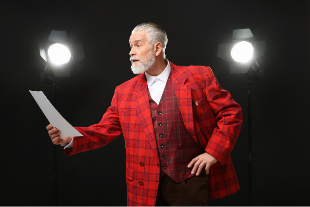 A distinguished older man in a stylish red plaid suit rehearsing a script under stage lights, showcasing how retirees are embracing creativity and passion through performing arts.