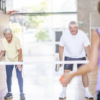 A fun and energetic group of older adults playing pickleball.