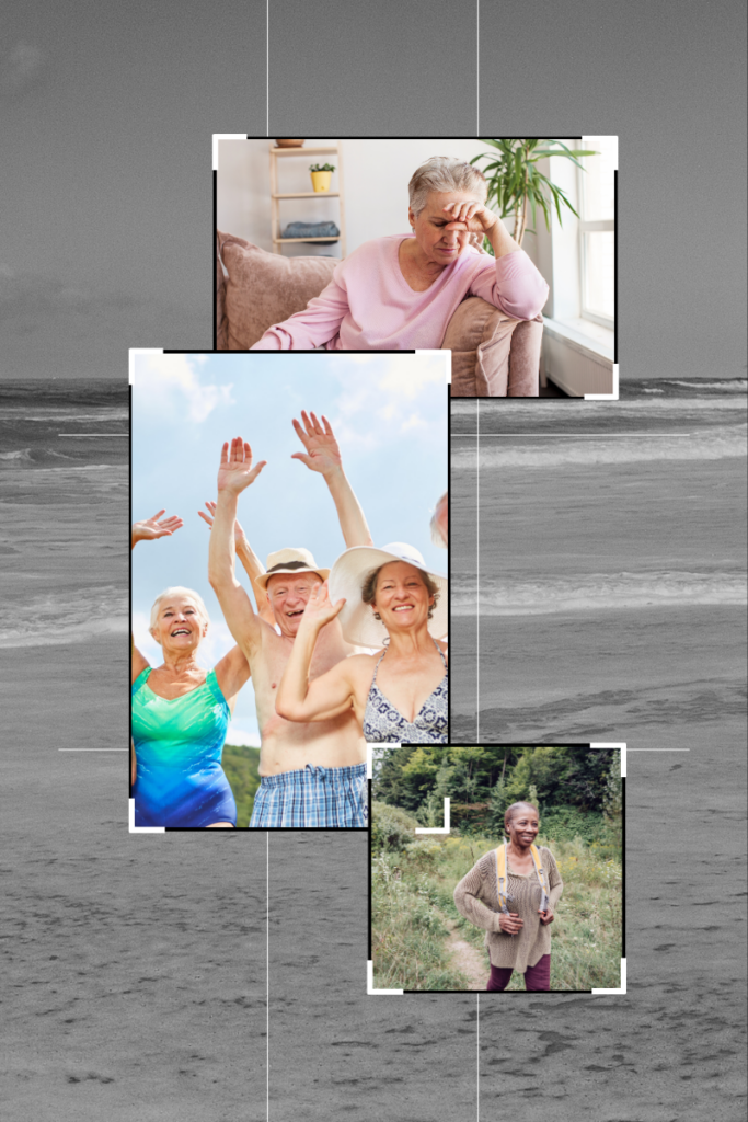 A digital collage featuring a mix of emotions in retirement—one image of an older woman appearing lonely at home, another of retirees enjoying time at the beach, and a third of a woman hiking alone—symbolizing the contrasting experiences of isolation and active social engagement in retirement.