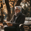 Silver-haired man reflecting while sitting on a bench with a notebook.