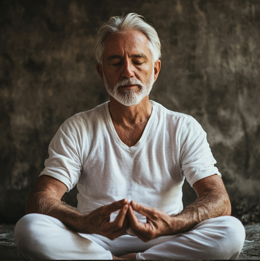 Older man practicing mindfulness through meditation, a key practice in learning how to slow down after a busy career and combat guilt around rest.