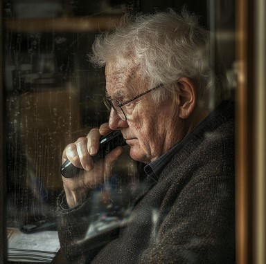 A pensive senior man gazing through a window, deep in thought, symbolizing the sense of social isolation and loneliness in retirement.
