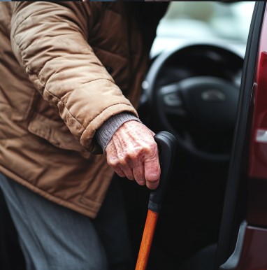 A close-up of an older adult’s hand gripping a cane while stepping into a car.